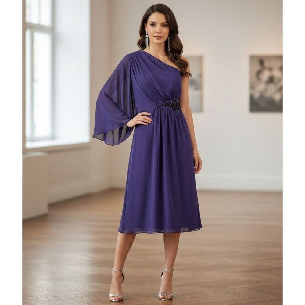 Evan-Picone One-Shoulder Mystic Purple Chiffon Dress W/ Beaded Waist Size 4